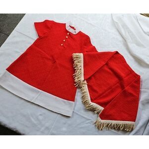 VTG 50s 60s DRESS & CAPE Red White Girls Small Mid Mod Polyester‎ SHIFT DRESS